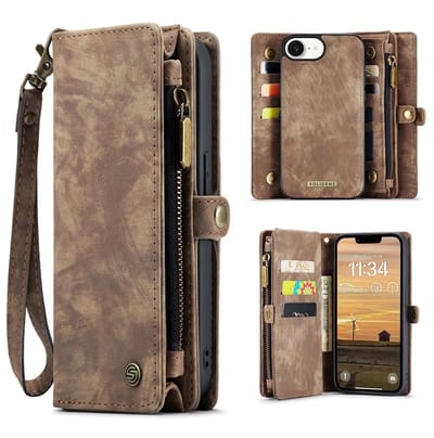 Geschikt Voor iPhone 17e / 16e Hoesje - Solidenz Wallet Case - Telefoonhoesje - Case Met Pasjeshouder - Met Ritsvak - Met Polskoord - Portemonee Hoes - Bruin