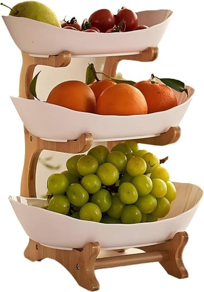 Fruitmand 3 Lagen - Fruitschaal Display - Keuken Organiseren - Bamboe Houten Design - 35 x 25 x 10 cm