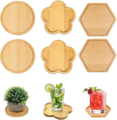 Set van 6 Houten Coasters - Vierkante en Ronde Onderzetters voor Glazen, Borden en Planten, Ideaal voor Thuis en Craftprojecten