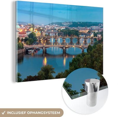 ® Glasschilderij 180x120 cm - Schilderij acrylglas - Prachtig beeld van de stad Praag en de Rivier de Moldau en zijn bruggen - Foto op glas - Muurdecoratie woonkamer - Wanddecoratie slaapkamer - Schilderijen