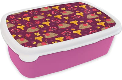 Broodtrommel Roze - Lunchbox - Brooddoos - Egel - Paddenstoel - Patronen - 18x12x6 cm - Kinderen - Meisje