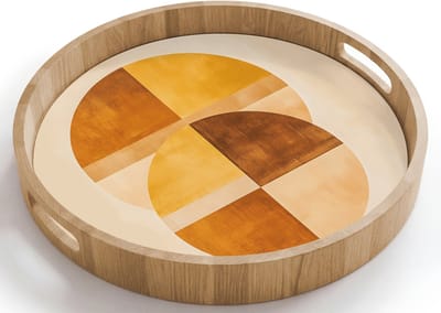 Dienblad rond 40x40 cm - Schootdienblad hout - Cirkels - Geel - Minimalistisch - Borrelplank rechthoek - Plateau houten dienbladen