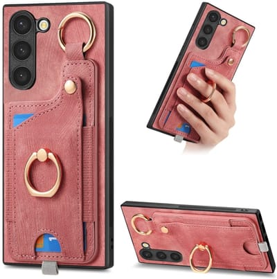 Voor Samsung Galaxy S24+ 5G Retro Skin-feel Ring Card Bag Telefoonhoesje met ophanglus (roze)
