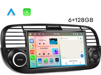Boscer Autoradio - Geschikt voor Fiat 500 2007-2015 - Apple Carplay & Android Auto (draadloos) - 6+128GB - Android 15 - 7 Inch HD IPS Touchscreen - GPS Navigatiesysteem - Bluetooth, USB, WiFi & MP5 - Zwart - Achteruitrijcamera & Microfoon