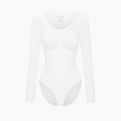 cfab - Bodysuit met corrigerende werking, lange mouwen en bijpassend slipje - Wit, S