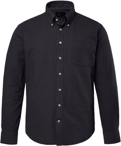 JP 1880 - Heren - Seersucker overhemd lange mouwen buttondown kraag Modern Fit - Zwart - Maat 3XL