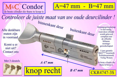 M&C Condor high security deurcilinder met Knop RECHT 47x47 mm - SKG*** - Politiekeurmerk Veilig Wonen - inclusief gereedschap montageset