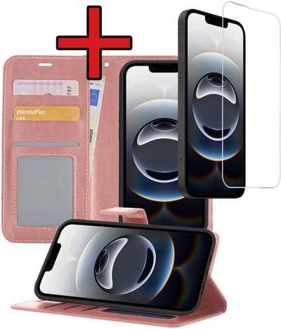 Hoesje - Met Screenprotector - Geschikt voor Apple iPhone 16e / 17e - Luxe Pasjeshouder - Flipcase - Bookcase Portemonee - Flip Case - Kunstleer Book Case - Book Cover - Walletcase - Portemonneehoes - Telefoonhoes - Rosé goud