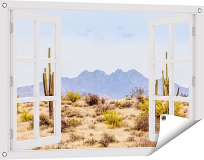 Gards Tuinposter Doorkijk Cactussen in de Woestijn - 90x60 cm - Tuindoek - Tuindecoratie - Wanddecoratie buiten - Tuinschilderij