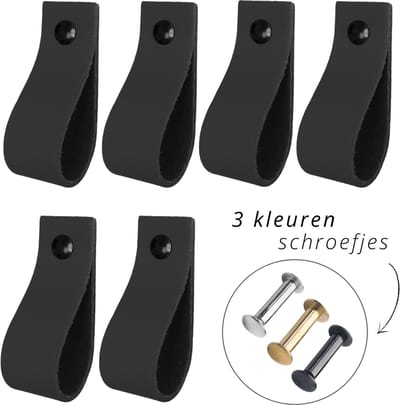 Handles and more - 6x Leren handgrepen lusjes - Zwart - XS (12,6cm) - incl. 3 kleuren schroefjes (handgreepjes - leren handgrepen - greepjes - leren lusjes)