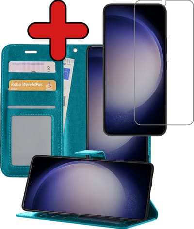 Hoesje - Met Screenprotector - Geschikt voor Samsung Galaxy S23 - Luxe Pasjeshouder - Flipcase - Bookcase Portemonee - Flip Case - Kunstleer Book Case - Book Cover - Walletcase - Portemonneehoes - Telefoonhoes - Turquoise