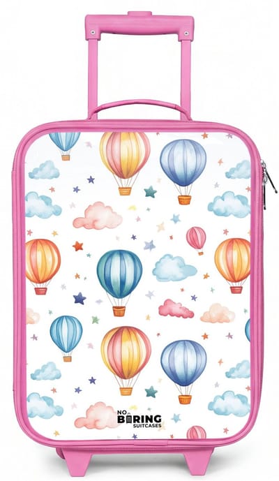 NoBoringSuitcases.com® - Kinderkoffer roze - Kindertrolley meisje - Gekleurde luchtballonnen met sterren en wolken - Koffer kind lichtgewicht - Reiskoffer trolley voor kinderen - Koffertje met lichtgevende wieltjes - Rolkoffer