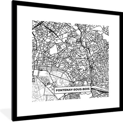 Fotolijst incl. Poster Zwart Wit- Stadskaart - Frankrijk - Fontenay-sous-Bois - Kaart - Plattegrond - Zwart wit - 40x40 cm - Posterlijst