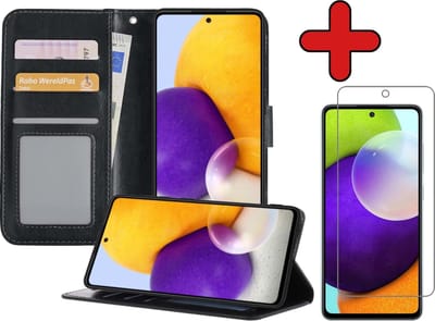 Hoesje - Met Screenprotector - Geschikt voor Samsung Galaxy A52 5G - Luxe Pasjeshouder - Flipcase - Bookcase Portemonee - Flip Case - Kunstleer Book Case - Book Cover - Walletcase - Portemonneehoes - Telefoonhoes - Zwart
