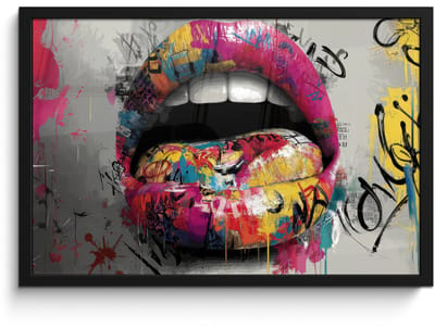 Poster in lijst - Fotolijst 60x40 cm - Posters - Lippen - Graffiti - Expressief - Posterlijst zwart - Decoratie - Wanddecoratie woonkamer - Muurdecoratie slaapkamer