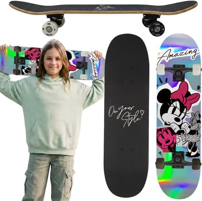 DISNEY Minnie Mouse HOLO Houten skateboard voor jongeren, 79 cm, antislipboard, groot, tot 100 kg