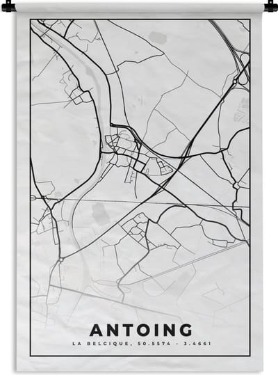 Wandkleed - Wanddoek - Kaart – Plattegrond – Stadskaart – Antoing – België – Zwart Wit - 120x180 cm - Wandtapijt