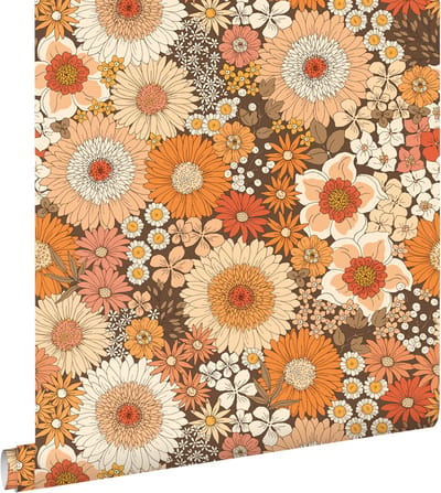 ESTAhome behang retro bloemen oranje en terracotta roze - 50 x 900 cm - 131318