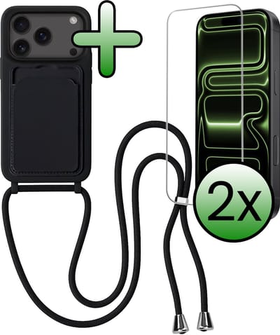 Hoes Geschikt voor iPhone 17 Pro Max Hoesje Pas Houder Case Hoes Met Koord Met 2x Screenprotector - Hoesje Geschikt voor iPhone 17 Pro Max Hoes Met Telefoonkoord Pasjeshouder Cover - Zwart