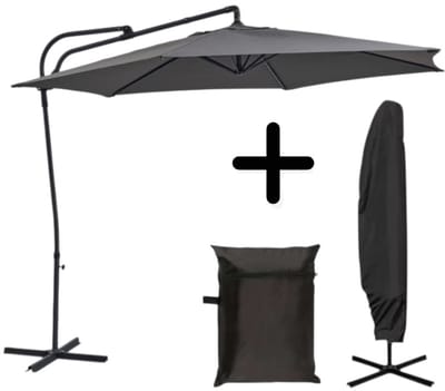 Dutchers® Zweefparasol Ø300 cm inclusief Parasolhoes – Hangparasol met Push-upsysteem en Draaihendel – UV30+ Bescherming – Aluminium Frame – Parasol Antraciet Grijs – Voor Tuin, Balkon & Terras