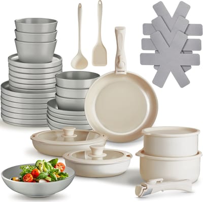 tectake® Complete Pannenset - Borden Set - Aardewerk - 46-delig - 6 Persoons - Set met Servies, Koekenpan, Spatel, Kookpan, Kommen - Pannen met Deksel en Antiaanbaklaag - Ovenbestendig - Vaatwasbestendig - Geschikt voor Inductie - Grijs/Wit