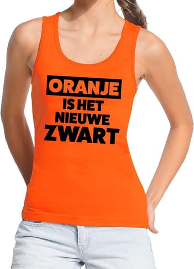 Oranje tekst tanktop / mouwloos shirt Oranje is het nieuwe zwart voor dames - Koningsdag kleding S