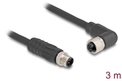 Delock M12 Cable L-coded 4 pin male straight to female right angled PUR suitable for drag chains 3 m black
