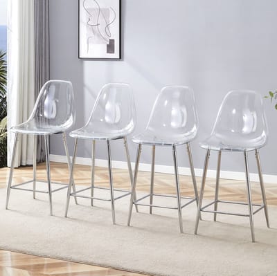 Barkruk - Transparante Barkruk Set Van 4 - Met Rugleuning En Voetsteun - Voor Keuken, Bar En Eetkamer - Kunststof Transparant En Zilver
