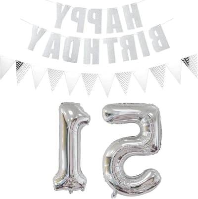 Feestelijke 51 Jaar Verjaardagsdecoratie met Zilveren Ballonnen, Happy Birthday Garland en Banner voor Mannen en Vrouwen