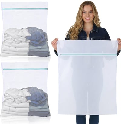 Dailygoods- Waszak Groot 60 x 80 cm - Waszakken voor Wasgoed - Wasnetten met Ritssluiting - Witte Waszakken - Set van 2 Stuks - Polyester Materiaal - Wasnet