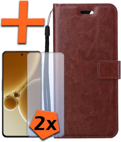 Hoes - Met 2x Screenprotector - Geschikt voor OnePlus Nord 3 - Luxe Pasjeshouder - Bookcase Portemonee - Flip Case - Kunstleer Book Case - Flipcase Hoes - Book Cover - Walletcase - PortemonneeHoes - Bruin