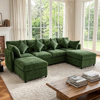 U-Bank, Moderne Hoekbank, 4-Zitsbank, Modulaire Bank, Omvormbaar in U-vorm en L-vorm, met 2 Krukken en 6 Kussens, moderne Bankstel in Chenillestof, Geschikt voor Woonkamer, Appartement en Diverse Woonruimtes-Groente