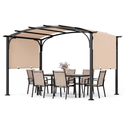 Pergola met verstelbaar schuifdak 3 x 2,4 m tuinpaviljoen met zonwering, stalen frame en 8 haringen, terrasoverkapping voor tuin en balkon, beige