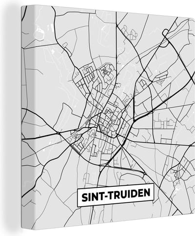 Canvas Schilderij Stadskaart – Plattegrond – België – Zwart Wit – Sint Truiden – Kaart - 20x20 cm - Wanddecoratie