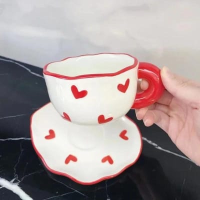 Keramische Koffiemok en Schotel Set Handgeknepen Onregelmatig Schattig Patroon Melk Sap Afternoon Tea Waterkop Meisje Bloementhee Kop 180ml white