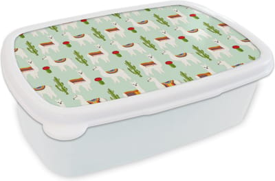 Broodtrommel Wit - Lunchbox - Brooddoos - Lama - Cactus - Patronen - 18x12x6 cm - Volwassenen