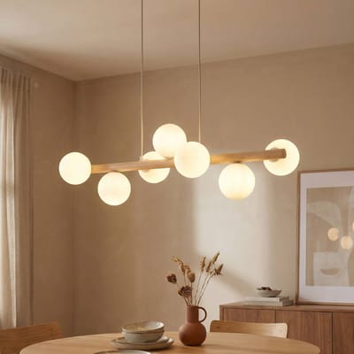 TK Lighting Hanglamp Estera, opaalglas, hout, 7-lamps