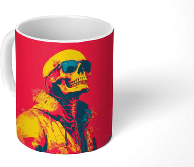 Mok - Koffiemok - Zonnebril - Schedel - Jas - Rood - Mokken - 350 ML - Beker - Koffiemokken - Theemok