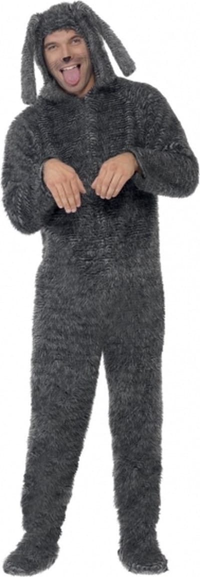 Carnaval verkleedkleding dierenpak - Hond - grijs - volwassenen - jumpsuit 52/54