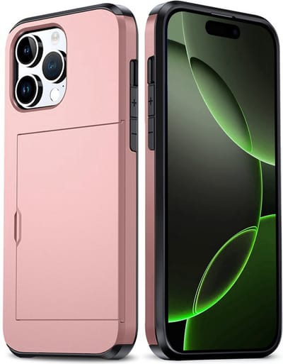 Hoes Geschikt voor iPhone 16 Pro Hoesje Hard Case Met Pas Houder - Hoesje Geschikt voor iPhone 16 Pro Hoes Shockproof Hard Cover Met Kaarthouder - Rosé goud
