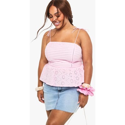 boohoo Dames Plus Geplooide Broderie Peplum Cami Top | Roze | Maat: 54