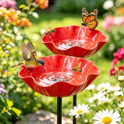Vogelbad - Terras Vogelbad - Vogelbadjes - Metalen Vogelbadje - Vogelbadjes Buiten - Insectenvoederhuisje - Waterschaal - Bijenbad voor in de tuin - Bloemenmotief - Decoratie voor terras en tuin - Rood（Afneembare stang）-15cm - 1 Stuk