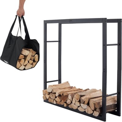 Thuys – Haardhoutopslag – Houtopslag Buiten – Brandhoutrek – Houtberging – 50 x 25 x 100cm – Zwart