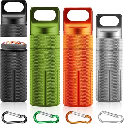 Set van 4 mini-pillendozen 9,8 x 3 cm met karabijnhaken, waterdichte container voor kamperen, wandelen en outdoor activiteiten in 4 kleuren