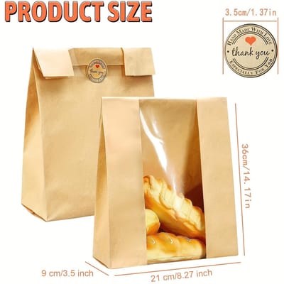 Lot de 24 sacs à pain au levain en papier kraft avec autocollant de remerciement, grand sac en papier sulfurisé avec fenêtre transparente pour pain fait maison, 14,17 x 8,27 x 3,5 pouces 24pcs