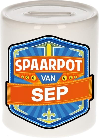 Bellatio Decorations Kinder spaarpot met naam - Sep - keramiek - met dop - wit - Sparen - Spaargeld van Sep