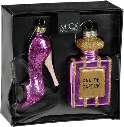 Mica kerstornament set Parfumfles Schoen Roze