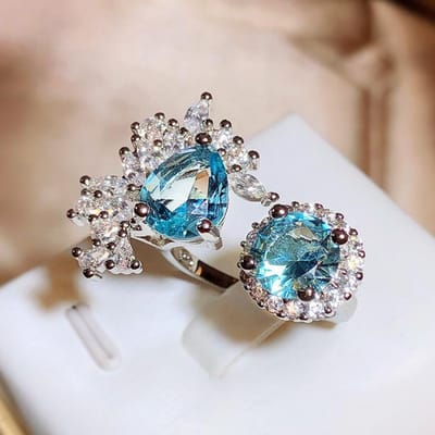 Bague Femme Simulation Irrégulière Paraiba Ronde Goutte d'Eau Topaze Bleu Mer Ouverte Réglable Opening adjustable gray