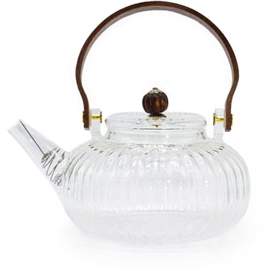 Glazen Infusie Theepot - Heldere Geribbelde Parel - 850ml - Houten Handvat - 19x18x14cm