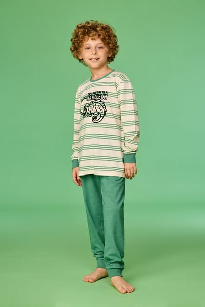 Woody pyjama jongens/heren - groen gestreept - kameleon - 261-10-PLC-S/909 - maat 152